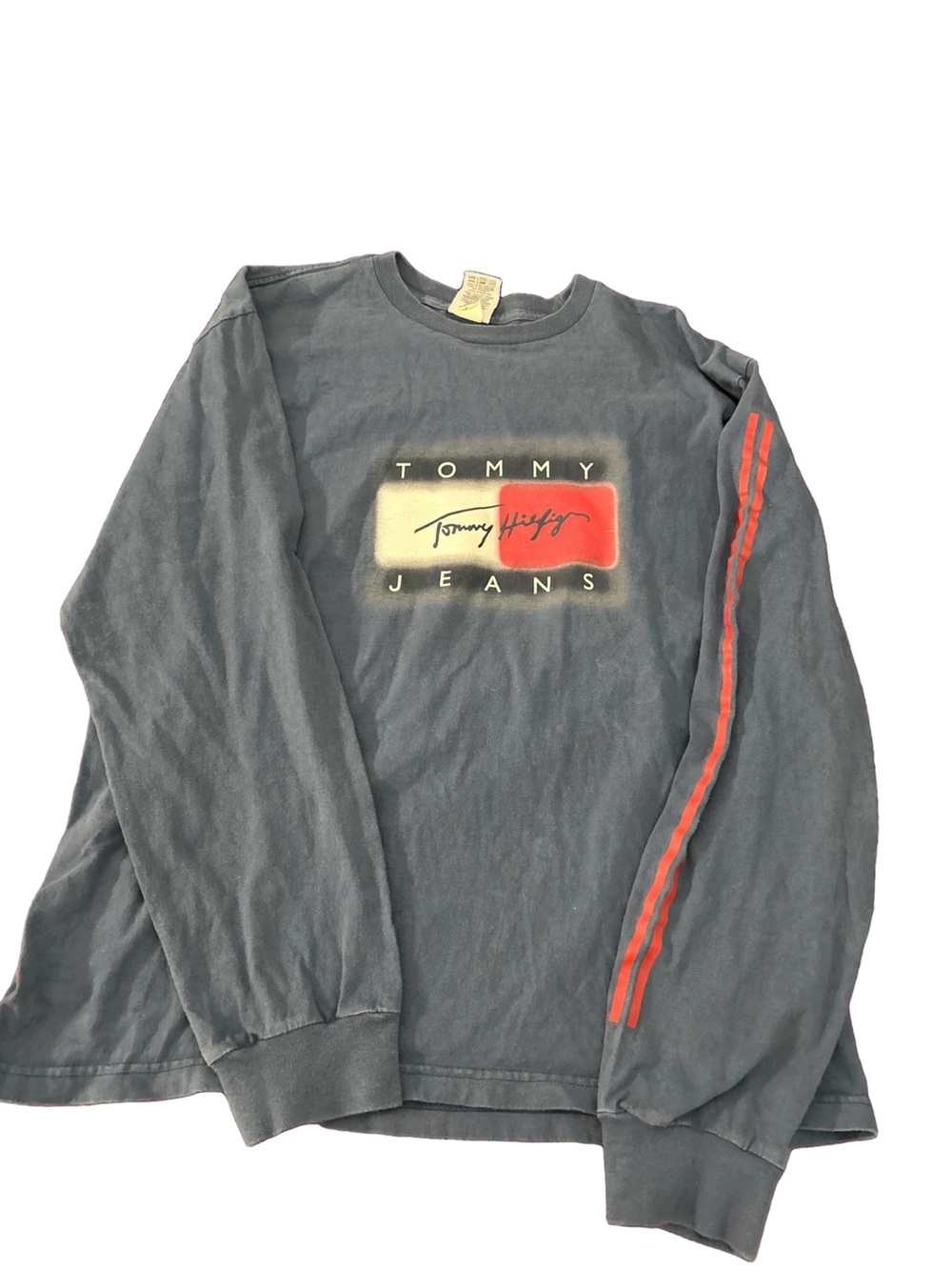 Tommy Hilfiger Men's Long Sleeve Logo Tee - Charcoal with Red and Cream Accents